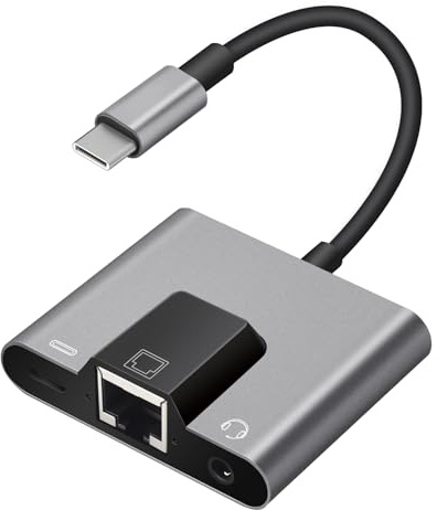Enbiawit Adaptateur réseau Ethernet de type C vers RJ45, prend en charge le réseau Ethernet 10/100 Mbps, avec port de charge de type C et prise audio de 3,5 mm, compatible avec iPhone 15/16/Android