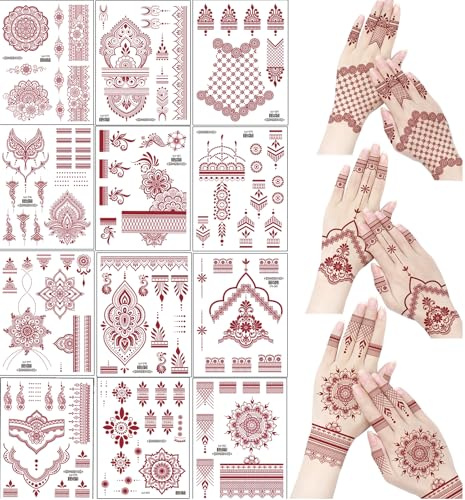 Proamate 12 PCS Temporary Tattoo Stickers, Waterproof Tattoo Stickers for Girls Women Wedding Party Art (Brick Red, 12PCS)