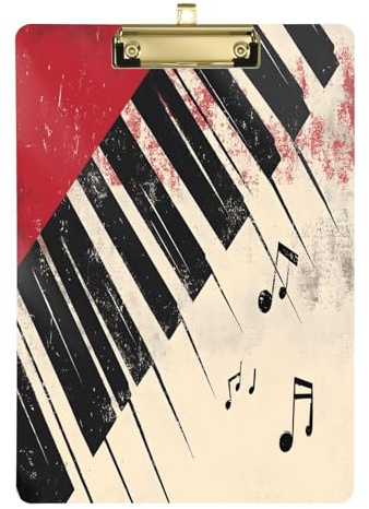 Quteprint Planchette à pince vintage en acrylique avec notes de musique de piano - 22,9 x 31,8 cm - Résistant aux rayures - Clip en métal doré et crochet mural - 0,6 cm d'épaisseur - Pour bureau