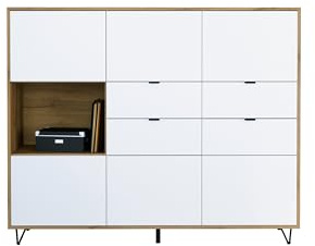 Vladon Highboard Marino V2, Sideboard mit 6 Türen Weiß matt und 4 Schubladen Weiß matt, Made in Germany, Korpus Eiche Evoke (152,5 x 125,5 x 37 cm)