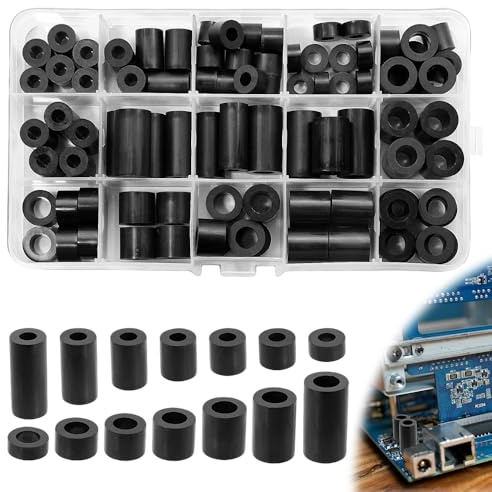 Riisoyu 90 Stück ABS Abstandshalter Kunststoff Rund Schwarz, Distanzhülsen M6 M8 Nicht Gewinde Spalte Distanzscheiben Nylon Unterlegscheiben mit Aufbewahrungsbox Wand Isolierung Distanzscheiben Set