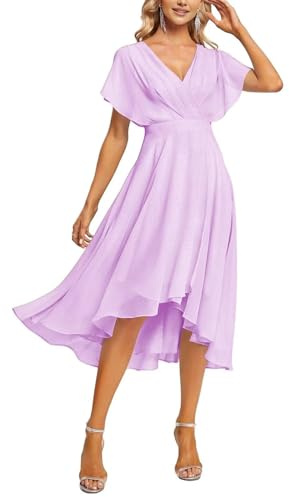 Abito da damigella d'onore da donna in chiffon con maniche scollo a V lunghezza tè formale abito da sera damigella d'onore, Lilla, 44