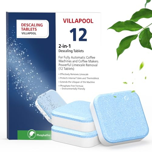 VILLAPOOL 2-Phase 12X17g Descaling Tablets Compatible with JURA Coffee Machines, Powerful Descaler Tablets for Limescale Removal, Extend Machine Life & Improve Coffee Taste，,12 Count