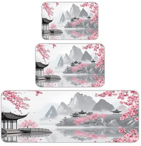 YCJUGWSP Cherry Blossom Pavilion Kitchen Mats for Floor 3 Pieces Set, Anti Fatigue Cushioned Standing Floor Mats Non Slip Washable for Sink Laundry Floor 24'' X 16'',31'' X 20'',47'' X 17''