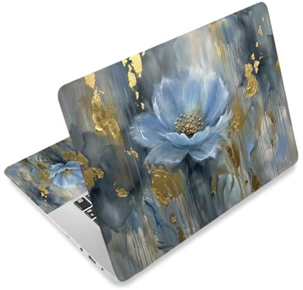 TNKBREEZE 3D Goldene Pflanze PVC Aufkleber für Laptop Blaue Blume Notebook Haut Aufkleber 3 Stück Laptop Abdeckung Dekale für 15.6 Zoll Computer Notebook PC 38x27 cm Wasserdicht Staubdicht