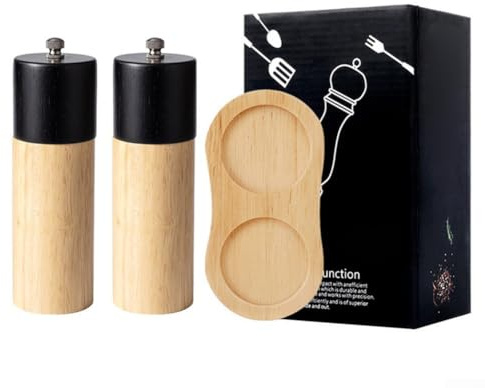 Molinillo de pimienta de madera de roble manual para un control preciso sobre el grosor de las especias al moler pimienta negra, sal marina y hierbas aromáticas (negro (2) + base)