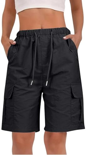 Womens Shorts Cargo Short for Women UK - Ladies Stretch Summer Pants - Elastic Waist Bottoms Bermuda Baggy Trendy Running Pant with 4 Pockets Plus Size Work Clothing for Cycling Hikking Running