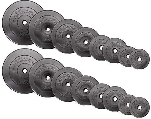 Bad Company hantelskivor 30/31 mm plast 90 kg I vikt-set 4 x 1,25 kg + 4 x 2,5 kg + 2 x 5 kg + 2 x 7,5 kg + 2 x 10 kg + 2 x 15 kg I vikter för skivstång och hantel