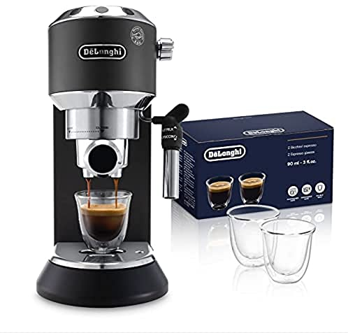 De'Longhi Dedica EC685.BK Macchina da Caffè Espresso Manuale e Cappuccino + 2 bicchieri espresso, Caffè in Polvere o in Cialde E.S.E., Spegnimento Automatico, Serbatoio Estraibile, 1350 W, Nero