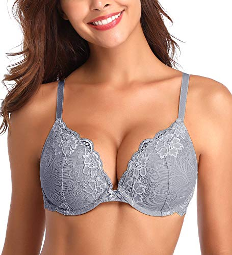 Deyllo Damen Push Up BH mit Blumen Spitze Schalen Bügel BH Gepolstert Elegant(Silbergrau,85C)