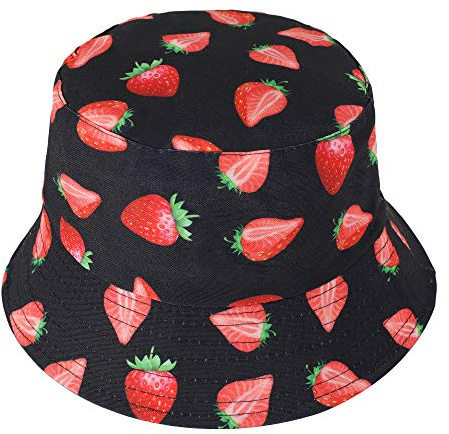 ZLYC Männer Frauen Sommer Fischerhüte Obst Hut, Schwarze rote Erdbeere, One Size