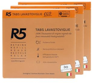 R5, Eco Tabs Lavastoviglie, 90 Pastiglie Lavastoviglie, con Tensioattivi di Origine Vegetale, Certificate Ecolabel, Made in Italy, 3 x 30 Pods