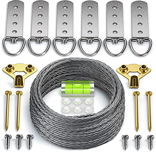 Heavy Duty Picture Wire Hanging Kit - D-Ring, Screws, Hanging Hooks,Level. Supports up to 100 lbs 50+ Feet (15.25M) Stainless Steel Wire Hanger