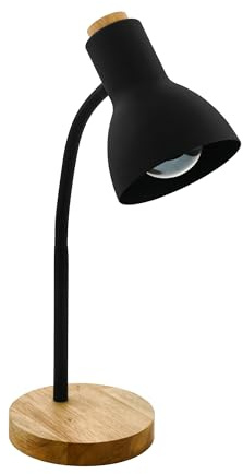 EGLO Tischlampe Veradal, 1 flammige Schreibtischlampe, skandinavisch | Tischleuchte aus Metall, Kunstsoff in Schwarz, Holz in Braun, Bürolampe, Lampe mit Schalter, E27 Fassung