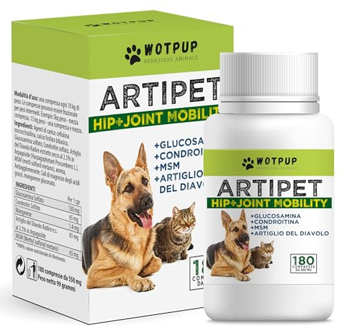 Artipet, integratore per articolazioni cani | 180 compresse da 550mg con MSM, Artiglio del Diavolo, Condroitina, Glucosamina | per cani e gatti di tutte le taglie | Fornitura 6/9 mesi, Fatto in Italia