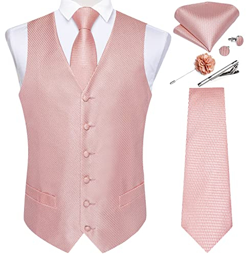 DiBanGu Herren-Weste und Krawatte, formelles Paisleymuster, Weste und Krawatte, Einstecktuch, Manschettenknöpfe, Seide, Anzugweste für Smoking, Hochzeit, Roségold, XX-Large