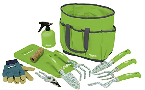 Draper 08999 Garden Tool Set with Floral Pattern (11 Piece), Heavy Duty Aluminium Garden Tools, Bag and Gloves