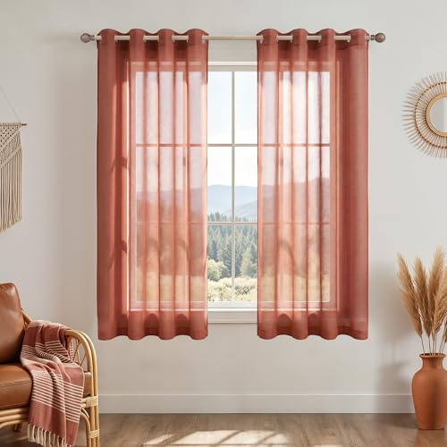 Burnt Orange Terracotta Sheer Curtains 45 Inch Length for Kitchen Bathroom Window Set 2 Panels Grommet Bohemian Fall Autumn Boho Short Curtains for Small Windows Basement Bedroom 45 Inches Long Rust