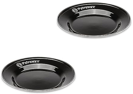 Petromax Emaille Teller 2er Set Schwarz - 18 cm Campinggeschirr Outdoor | Robustes Emaillegeschirr Set mit Edelstahlrand - Leichtes Reiseteller Set - Kratzfest, Hygienisch & Outdoor-geeignet