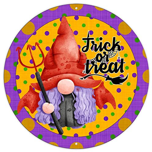 Halloween Runde Türhänger Schild Lila und Grün Polka Wreath Gnomes Metal Art Sign Halloween Trick Or Treat Wall Decor Metal Sign Oktober 31 Fun Halloween Retro Dekoration Schild 22,9 x 22,9 cm
