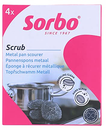 Sorbo Metal Pan Scourers 4 Pack, Metallic Steel Wool Pads for Tough Grease & Stubborn Residue, Extra Strong & Durable Scrubbers for Kitchen, BBQ, Oven, and Pots & Pans Cleaning