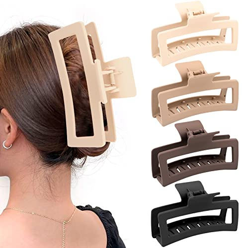 ZYTJ 5 Inche Extra Large Claw Clips for Thick Hair and Long Hair, 4 Pack Xl Jumbo Claw clips, Oversized Matte Non-slip Rectangle Hair Clips for Women, Big Strong Hold Jaw Clip,Neutral Color