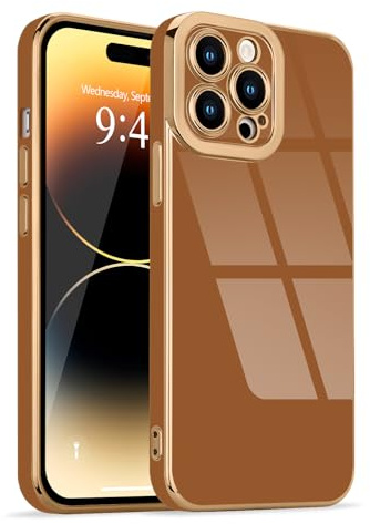Lafunda for iPhone 14 Pro Case Luxury Bling Plating, Brown | Full Camera Protection Soft TPU Bumper, for Women Gilrs Simple Slim Anti-Scratch Shockproof Protective Cover