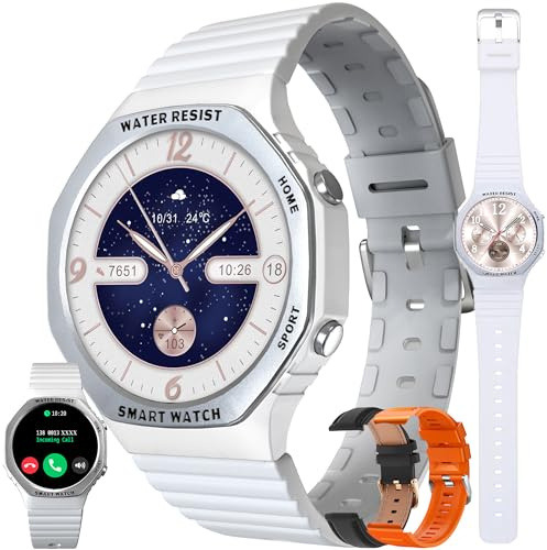 Smartwatch Damen mit Telefonfunktion, 1,32” AMOLED IP68 Wasserdicht Sportuhr Aktivitätstracker mit Blutdruckmessung, SpO2, 123 Sportmodi, 3 Armband, Fitnessuhr Uhr kompatibel mit iOS Android (Silber)