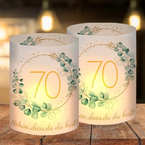 12 Windlicht Tischdeko 70 Geburtstag, Deko 70 Geburtstag Frau Mann, Happy Birthday Tischdeko 70. Geburtstags Frauen, Geeignet für Teelichter oder Kerzen mit Schön DASS Du Da Bist und Eukalyptus