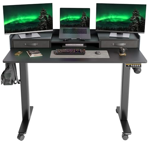 Morsut Höhenverstellbarer Schreibtisch mit Schubladen und Monitorständer 140x60 cm, Elektrischer Stehschreibtisch auf Rollen, Computertisch Sitz/steh mit Memory Funktion, Schwarz