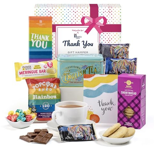 Hattie’s Gifts Thank You Gift Hamper Afternoon Tea Gift Set for Women | English Victorian Tea Gift Set with Milk Chocolate, Biscuits, Meringue Bar, Popcorn & Thank You Card