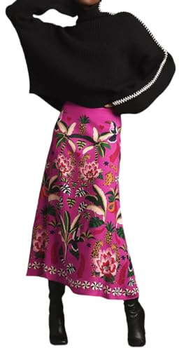 THLAI Womens Skirt Midi Skirt Tropical Plant Print Pink Zipper A-Line Long Skirts Spring Summer Skirt Floral