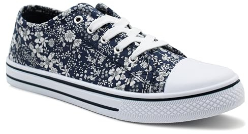 DEK Womens Ladies Canvas Lace Up Denim Floral Baseball Sneakers Casual Flat Plimsoll Trainers Fashion Pumps