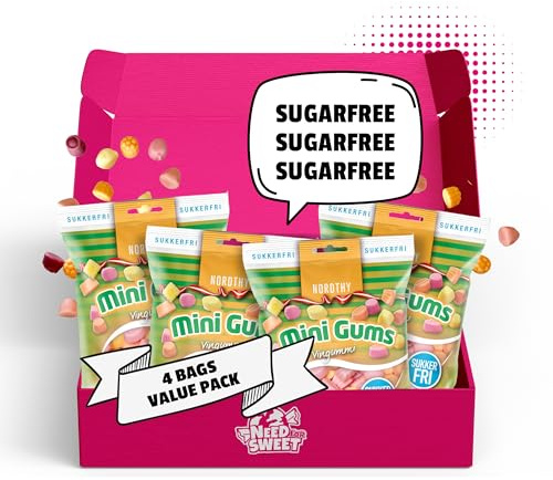 Nordthy Sockerfria Mini Gums Godis 4 x 65g (260g) – Originalt Danskt Vingummi/Fruktgodis utan Socker – Lågkalori Gelébitar – Hälsosamt Snacks & Perfekt för Diabetiker