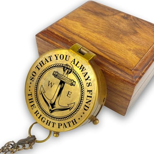 Personalisierter Kompass mit Gravur Wunschmotiv Maritim und Wunschtext Name Diverse Designs Messing Ledertasche Geschenkbox Geschenkidee (Vintage Optik)