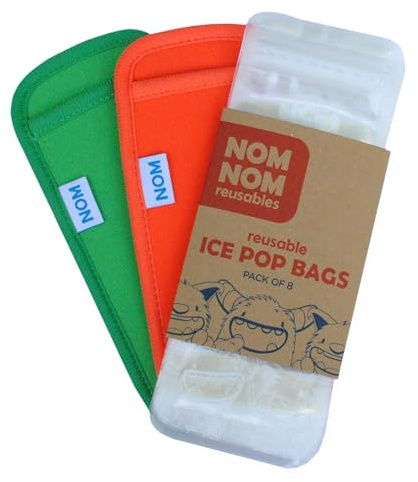 Nom Nom Enfants | Sacs à Glace réutilisables | Paquet de 8 | Sacs à Glace | Sacs à Glace pour Enfants (8 Monster Ice Pops et 2 Pochettes à Glace Orange/Vert)