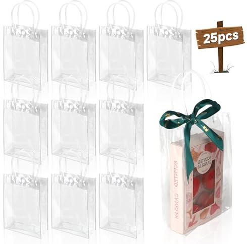 LALAGO 25 Stück Transparent Geschenktüten mit Griffen, Klarsichtfolie Tüten | 20x15x7cm, Süßigkeitentüten Transparent, Wiederverwendbare Klare Geschenktüten für Shopping Boutique Hochzeit Geburtstag