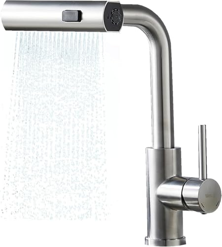 BELZ Kitchen Mixer Tap with Pull Out Spray– 360° Swivel, Pull Down Kitchen Sink Mixer Taps, Stainless Steel 3 Modes Spray Head, Brushed Nickel