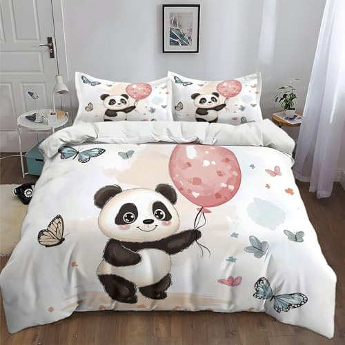 CozyRest Parure de Lit Panda Mignon Tenant des Ballons Imprimé Housse de Couette avec 2 Taies d'oreiller Blanc Réversible Literie en Microfibre, pour Enfants Garçon Filles 140 x 200 cm