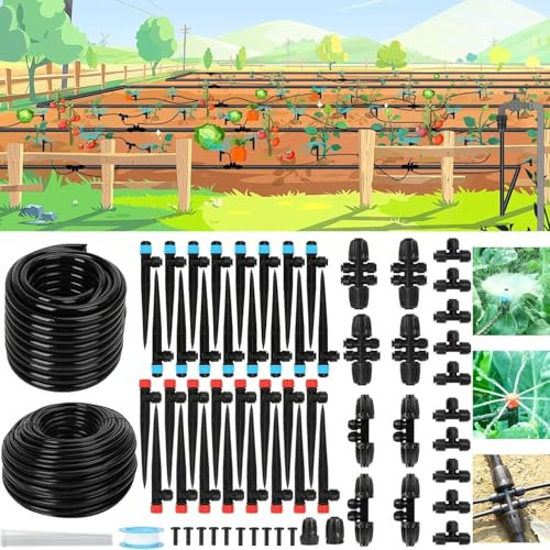 Powate Drip Irrigation System Kit, Automatic Watering System for Garden Greenhouse with 46FT 1/2'' Tubing, New Quick-Connect 1/4 inch Fittings Automatic Sprinkler for Plant Flower Bed,Black