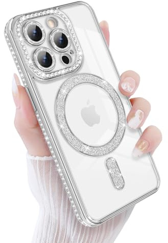 Newseego Magnetic Sparkly Glitter Phone Case for iPhone 15 Pro [Compatible with Magsafe], Camera Lens Shockproof Protector Bling Diamonds Soft TPU Cover Girls Women for iPhone 15 Pro-Silver