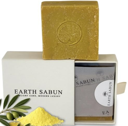 Earth Sabun Barre de savon au soufre – Savon naturel au soufre et à l'huile d'olive, 100 % fait à la main – Savon végétalien exfoliant turc pressé à froid pour l'acné, le visage et le corps – 90 g