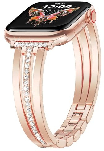 V.R.HOPE Damen Schmuck Armband Kompatibel mit Apple Watch Armband 40mm 41mm 42mm 38mm, Elegantes Edelstahl-Ersatzarmband mit Glitzer und Strass für iWatch SE Series 11 10 9 8 7 6 5 4 3 2 1 - Rose Gold
