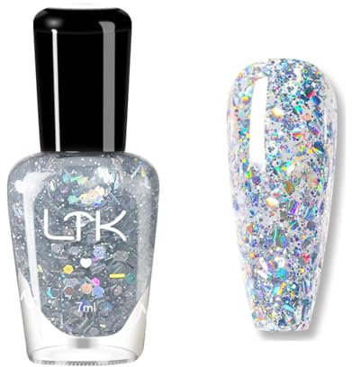 Silver Glitter Nail Polish - Glitter Nail Polish - Sparkly Silver Nail Varnish - Air Quick Dry Nail Art Polish No Need Bake - Easy To Apply Reflective Clear glitter Nail Paint For Women Girls