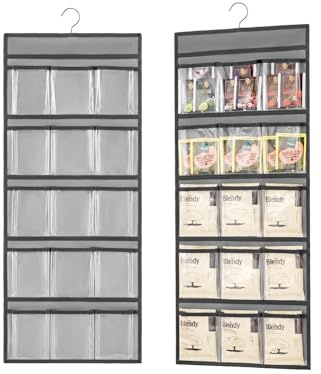 TEMUORG 2 Pcs Hanging Tea Bag Organizer Coffee Packet Holder Tea Storage Organizer Multi-Functional Kitchen Organizer with 15 Clear Pockets (Grey)