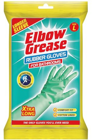 Elbow Grease Rubber Gloves for Cleaning Bathrooms - Cotton Lined with Extra Long Sleeve | Mint Blue with In-built Antibacterial Properties (1 Pair - Size Large)