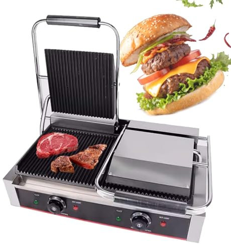 Commercial Electric Panini Contact Grill, Countertop Griddler Sandwich Toaster Maker, 50°C–300°C, 180° Foldable, Non-Stick Coating, Drip Tray, with Cool Touch Handle,19x9Grooved