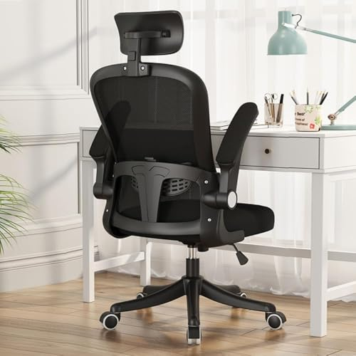 JARAGAR Bürostuhl Ergonomisch, Mesh Lendenwirbelstütze Stuhl mit Kopfstütze, High Back Desk Chair mit 360° Rotation 90° Flip-up Armlehnen höhenverstellbar für Home Office