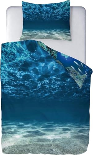 Ulticool – Copripiumino – Lenzuola Delfino Mare Acquario Pesci Animali – 140 x 200 cm – Federa 60 x 70 cm – Per Piumone 1 Persona Camera – Per Bambini Ragazzi Ragazze – Blu