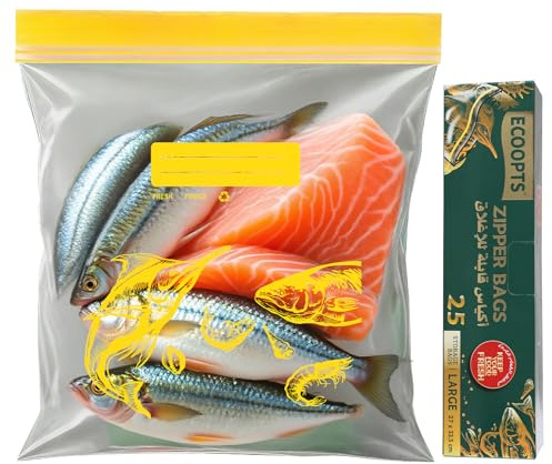 ECOOPTS Große Gefrierbeutel zur Aufbewahrung von Lebensmitteln, doppelter Reißverschluss und leicht zu öffnender Frischhaltebeutel, ultrastark, wiederverwendbar, BPA-frei, 27 x 33,5 cm / Beutel (25, L